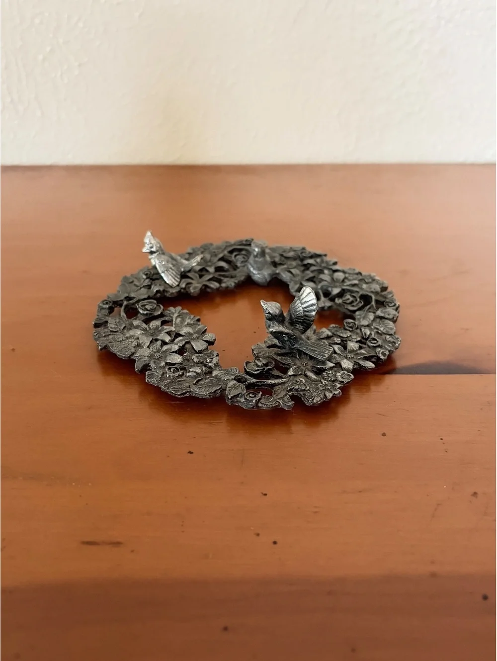 Pewter Candle Topper Vintage Silver Tone Floral Bird Decorative